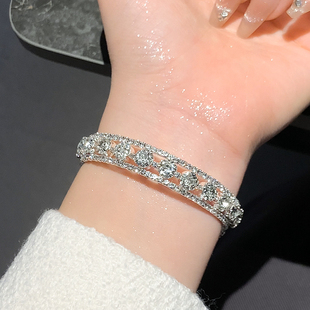 爆闪圆钻锆石手镯子女款银色素圈手镯手链轻奢小众精致手环手饰品