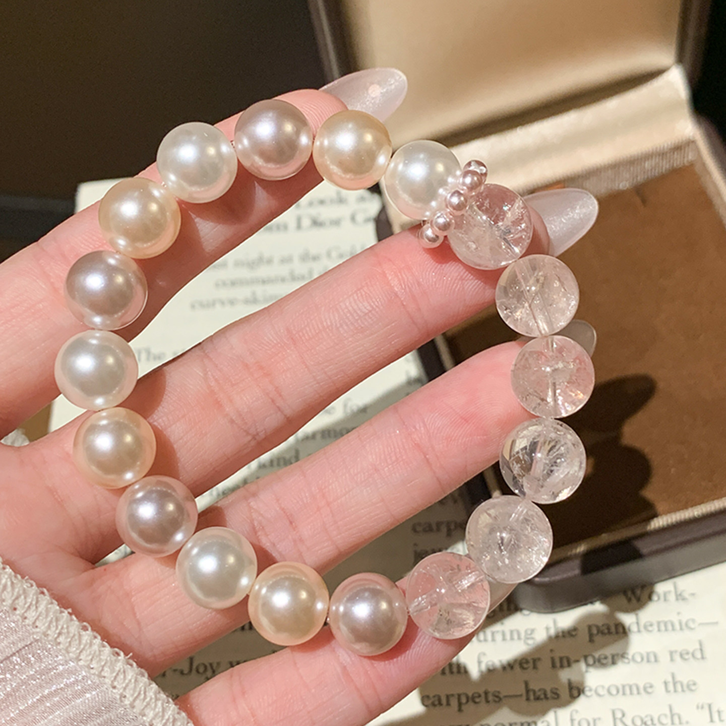粉阿塞水晶3色仿珍珠手链