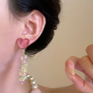 s925银针耳饰女粉色爱心碎石流苏耳钉轻奢高级感气质大气耳环饰品