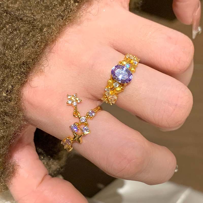 浪漫迷人！满天星鸽子蛋戒指女轻奢高级感开口尾戒紫水晶食指戒指