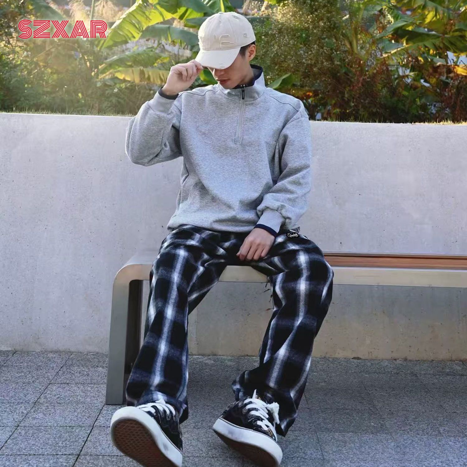 SLAMBALL秋季新款黑白格子直筒裤男女潮流宽松百搭休闲长裤阔腿裤图片