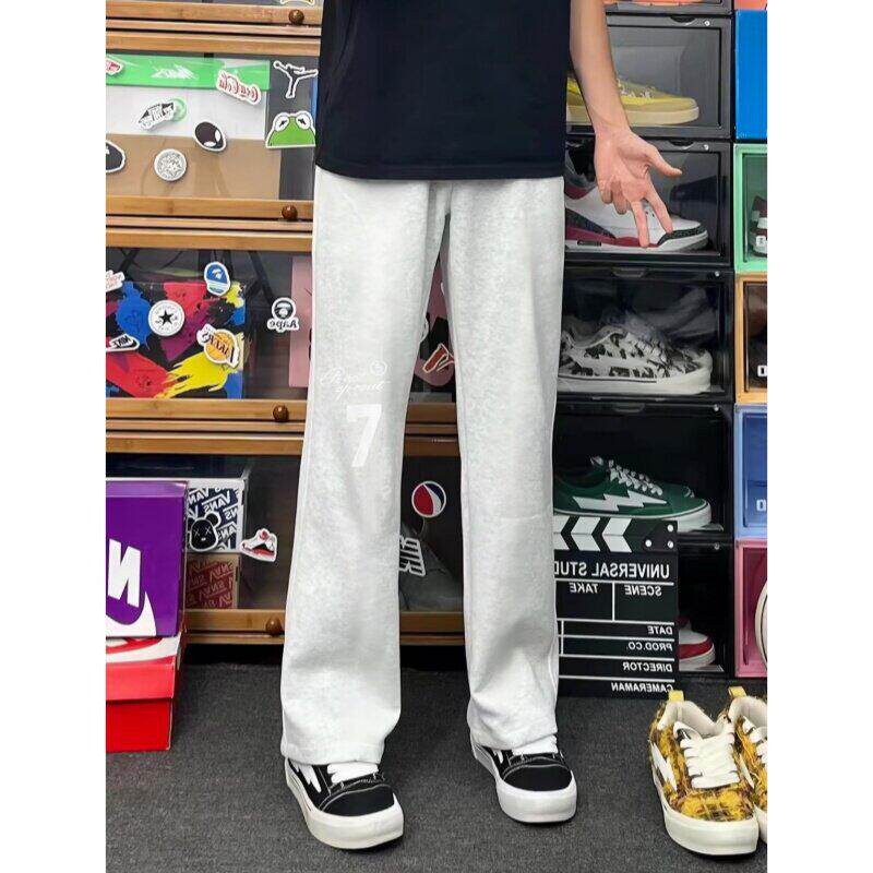 白花灰美式直筒卫裤男秋冬垂坠感宽松运动裤子高级感显瘦微喇裤