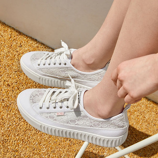 休闲鞋 Skechers斯凯奇女鞋 2024夏季 饼干鞋 114391 蕾丝透气帆布鞋