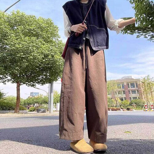 咖色九分阔腿裤女春季新款大码宽松显瘦小个子休闲百搭直筒裤子