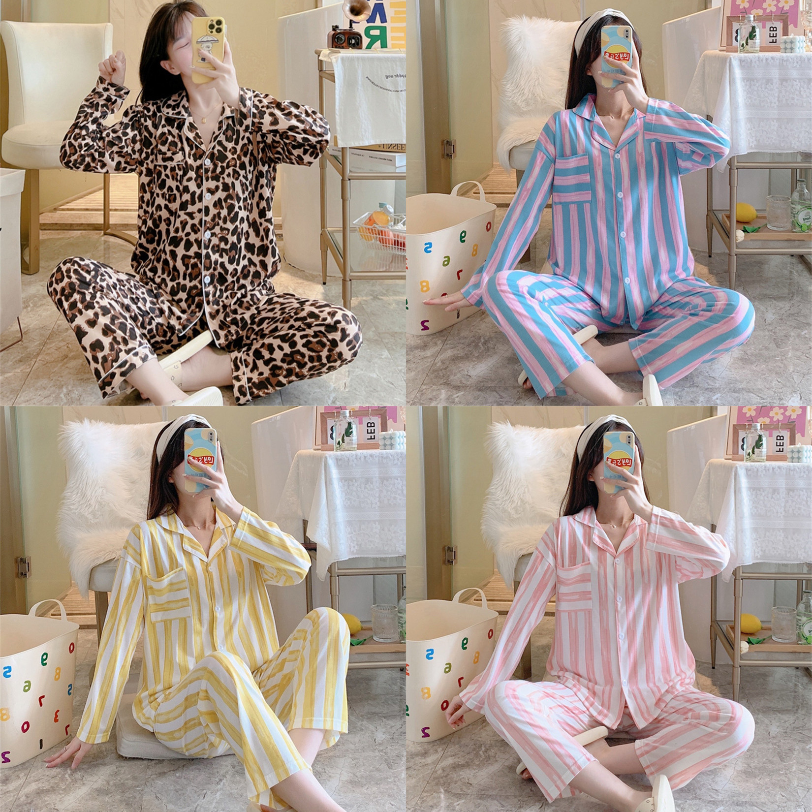 코튼 잠옷 여성 여름 긴팔 가디건 여성