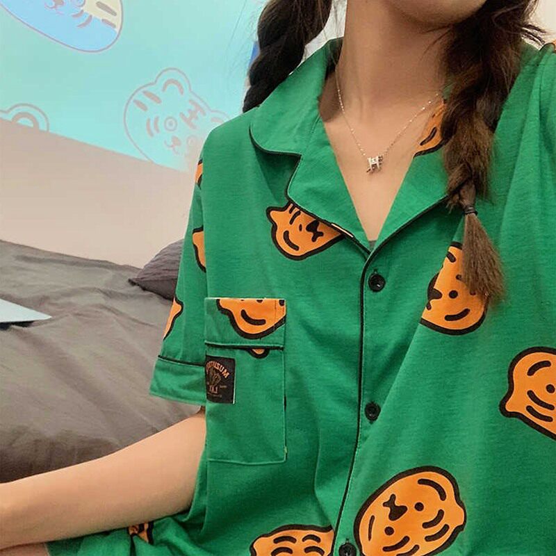 PAJAMA SETS TURN-DOWN COLLAR SHORT SLEEVE WOMEN SUMMER TIGER