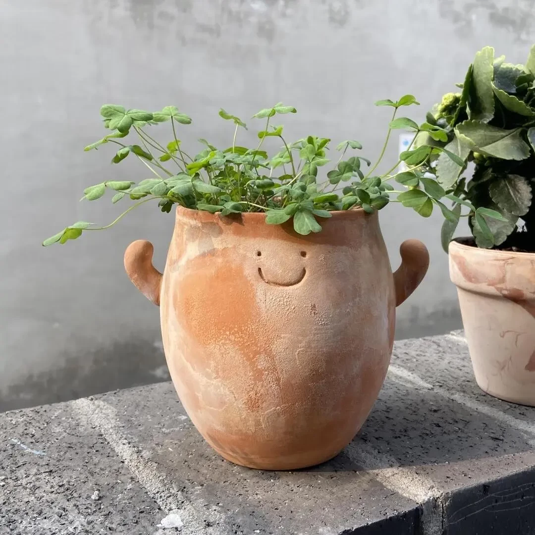 表情包小陶瓷微笑脸花盆栽可爱多肉绿植物造景摆件装饰室内外装饰