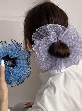 紫色网纱蕾丝格子双层大肠发圈女大号扎头发丸子头发绳低马尾头绳