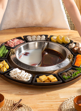 日式火锅呼啦圈 韩国日式烤肉 可旋转 竹木大号圆盘 围炉餐具套装