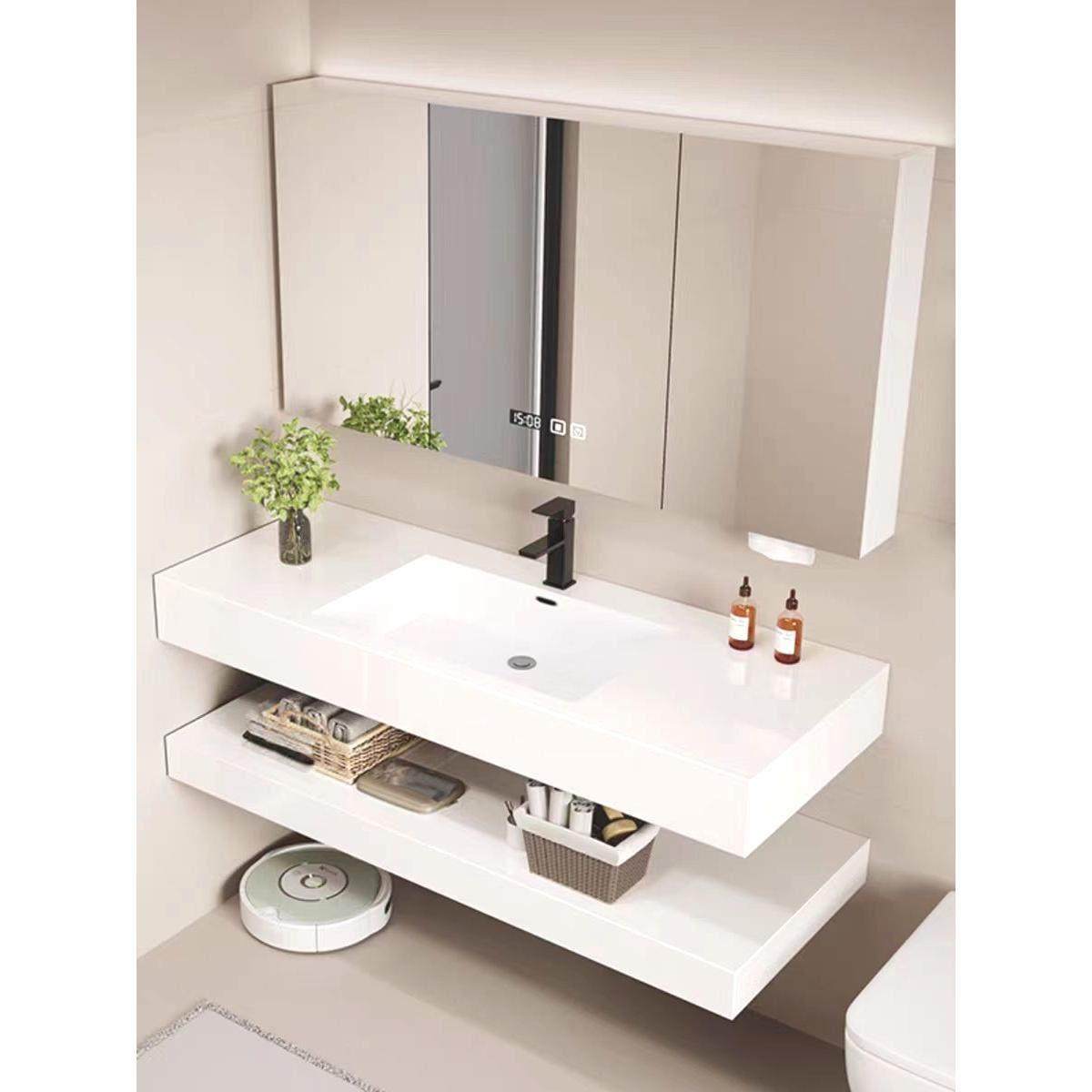 纯白酒店岩板无缝一体陶瓷定制洗脸盆双层浴室柜组合洗手盆化妆室,家装主材,浴室柜组合,淘宝优惠券,粉丝福利购,淘宝优惠卷