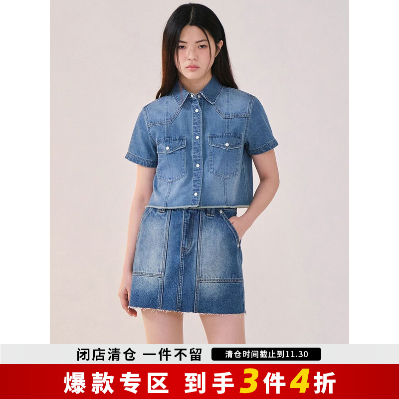 covernat韩国潮牌女士牛仔衬衫短款上衣甜酷风春夏时尚百搭慵懒风