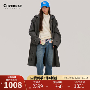 Covernat秋冬学院风羊毛大衣女牛角扣长款 毛呢连帽外套宽松保暖