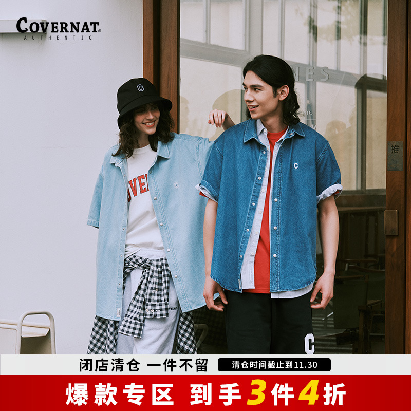 covernat韩国潮牌潮流牛仔短袖衬衫男女情侣同款休闲百搭上衣春夏