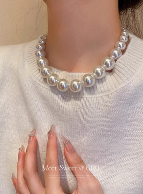 夸张大颗珍珠项链轻奢小众法式毛衣链女高级感2025新款气质颈链