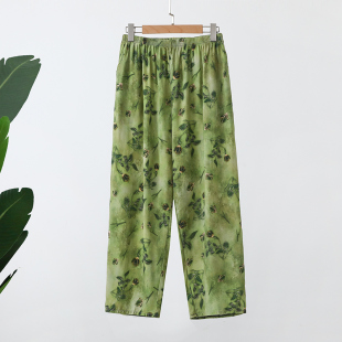 高腰加大码 女宽松妈妈九分裤 花裤 人造棉薄款 棉绸夏季 休闲裤 直筒裤