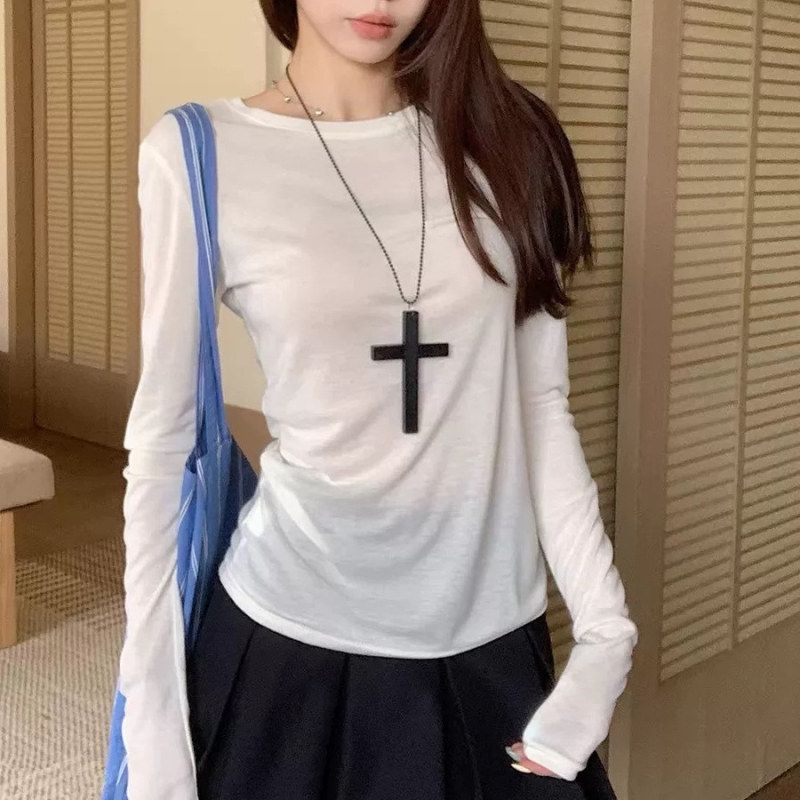夏季微透薄款罩衫韩系收腰圆领白色长袖t恤女松弛感防晒打底上衣