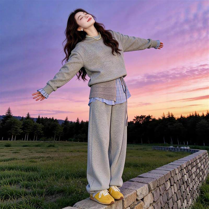 盐系高级感运动服套装女春秋宽松时尚假两件卫衣长裤休闲两件套潮