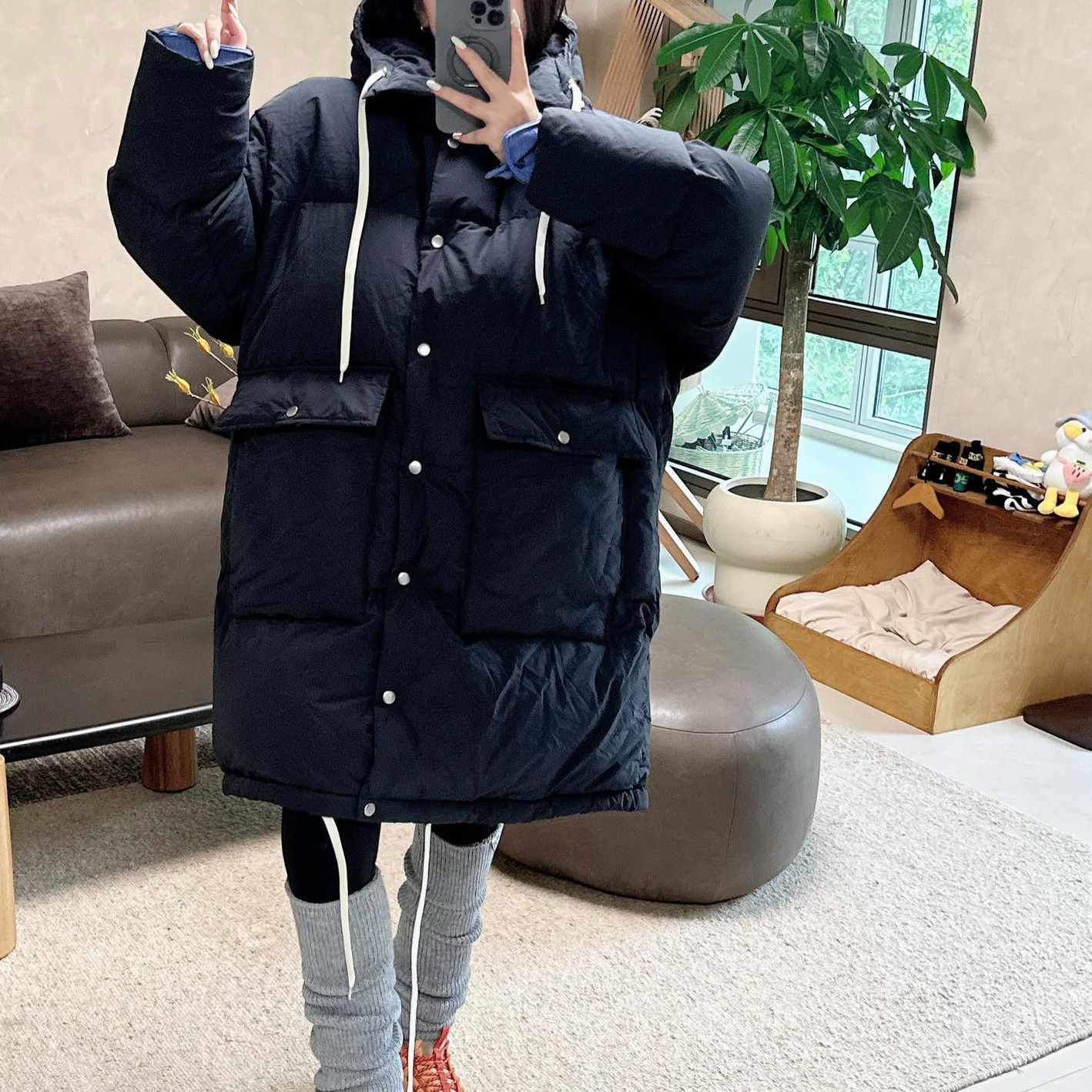 2025新款女装春装欧美时尚小众连帽长袖羽绒服外套中长款外套宽松
