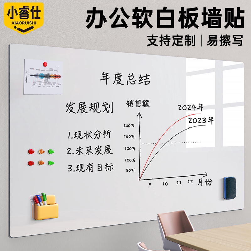 磁吸办公白板墙贴会议小黑板家用教学软黑板贴涂鸦贴墙自粘贴纸定制移除不伤墙磁贴可擦写磁力展示板磁力黑板