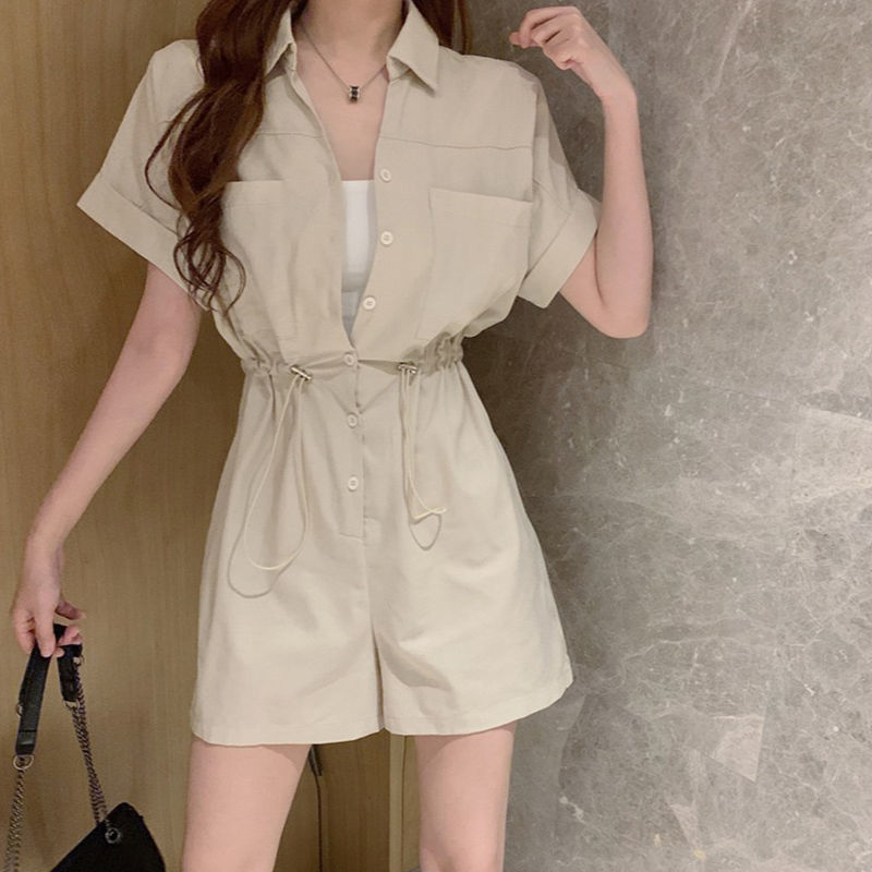 复古收腰工装连体裤女2025夏季新款韩版短袖衬衫宽松阔腿短裤子
