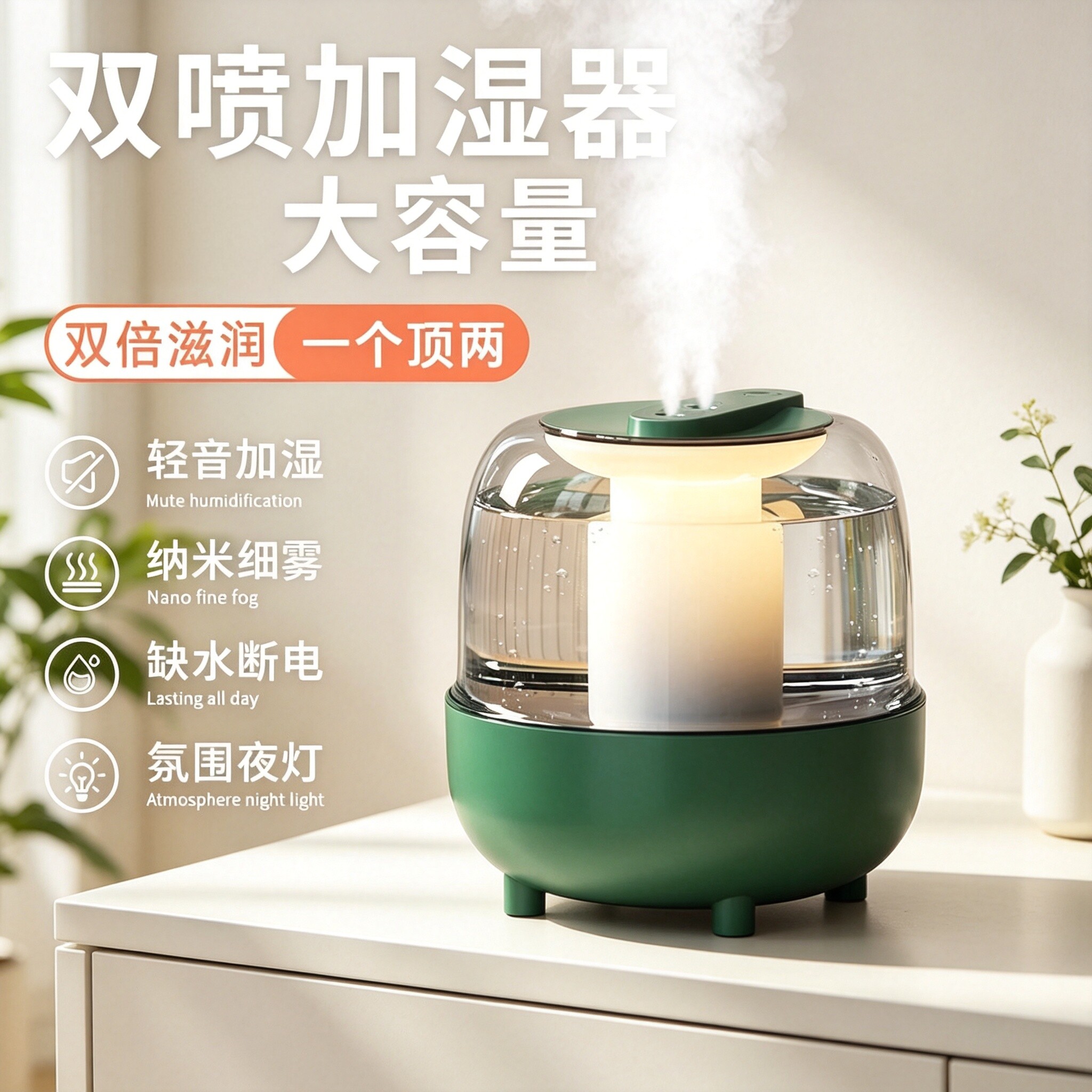空气加湿器双喷加湿器5L大容量USB充电静音纳米细雾氛围夜灯家用