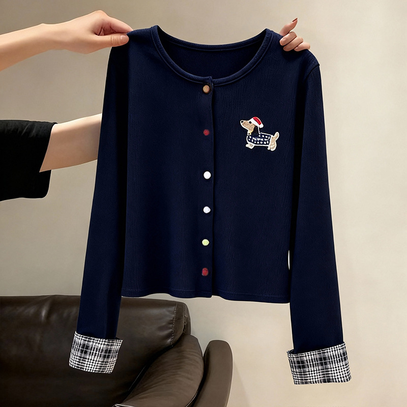 藏蓝色腊肠狗长袖针织开衫女秋季设计感修身内搭打底短款早秋上衣
