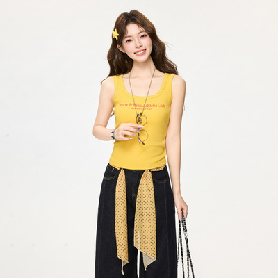 黄色字母印花工字方领露锁骨内搭叠穿吊带背心女春夏修身无袖上衣