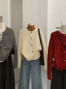 欧玛莱 牛角扣小麻花加厚开衫秋冬季新款韩版休闲针织上衣女 5876