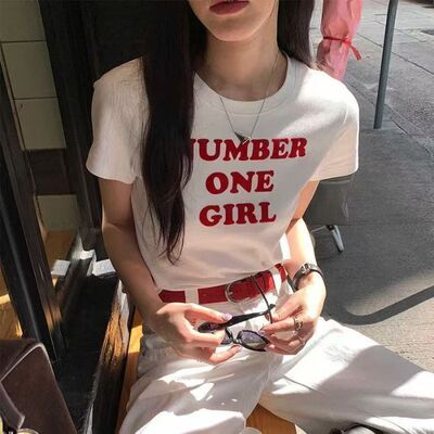 rosie头号女孩字母印花短袖T恤女圆领正肩修身显瘦潮美式辣妹上衣