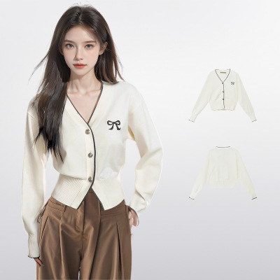 白色蝴蝶结刺绣v领针织开衫女春秋早秋毛衣外套收腰修身短款上衣