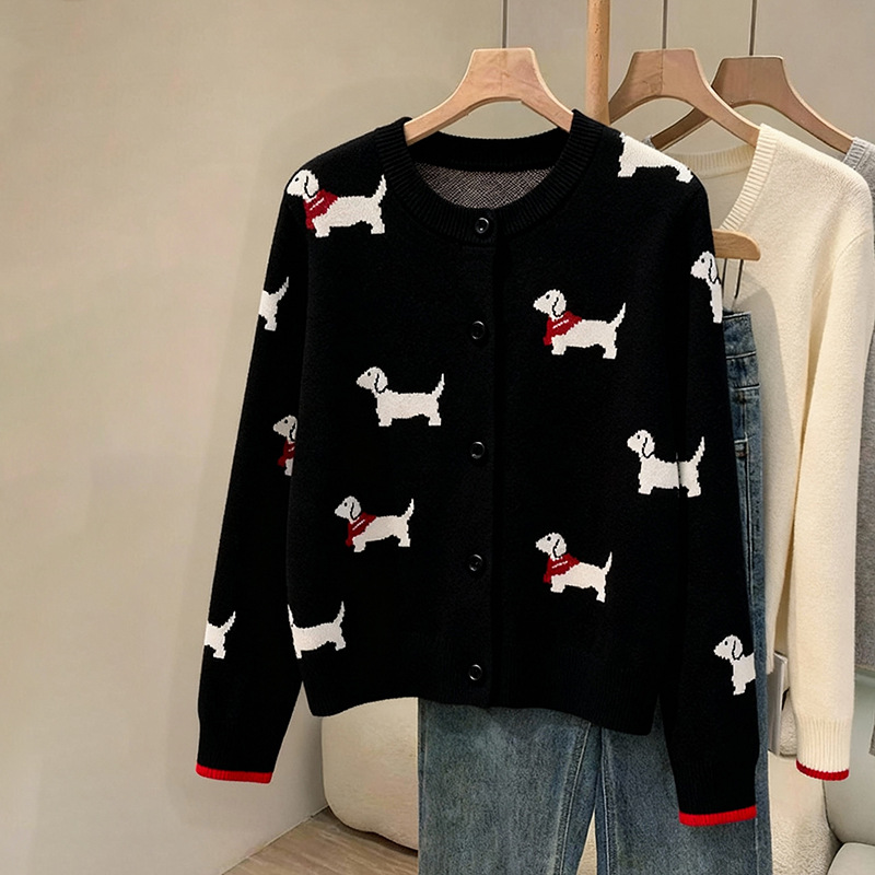 黑色小狗长袖针织开衫女早秋季2025新款宽松显瘦短款毛衣外套上衣