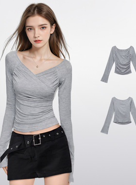 纯欲美式灰色v领长袖t恤女春秋款内搭打底设计紧身辣妹露肩短