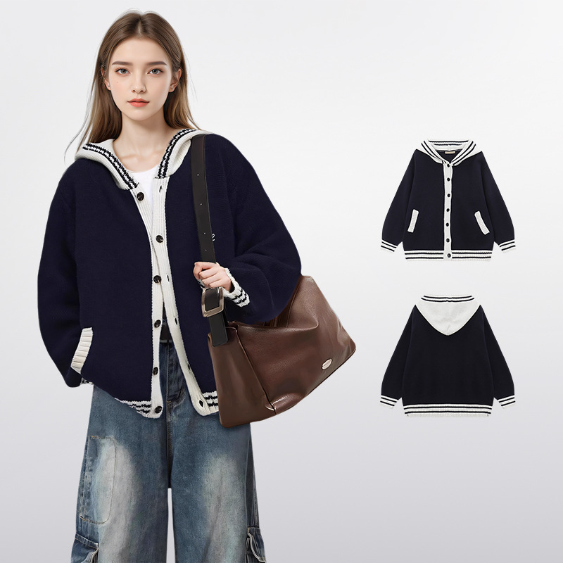 学院风藏青色连帽针织毛衣外套女秋冬小个子宽松针织开衫卫衣上衣