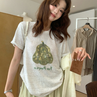 白色条纹印花正肩短袖T恤女夏季巨好看宽松薄款体恤漂亮减龄0617k
