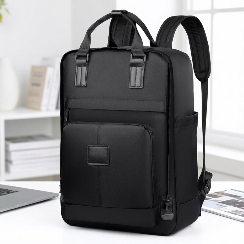 商务双肩包男女大容量轻便电脑背包通勤书包黑色