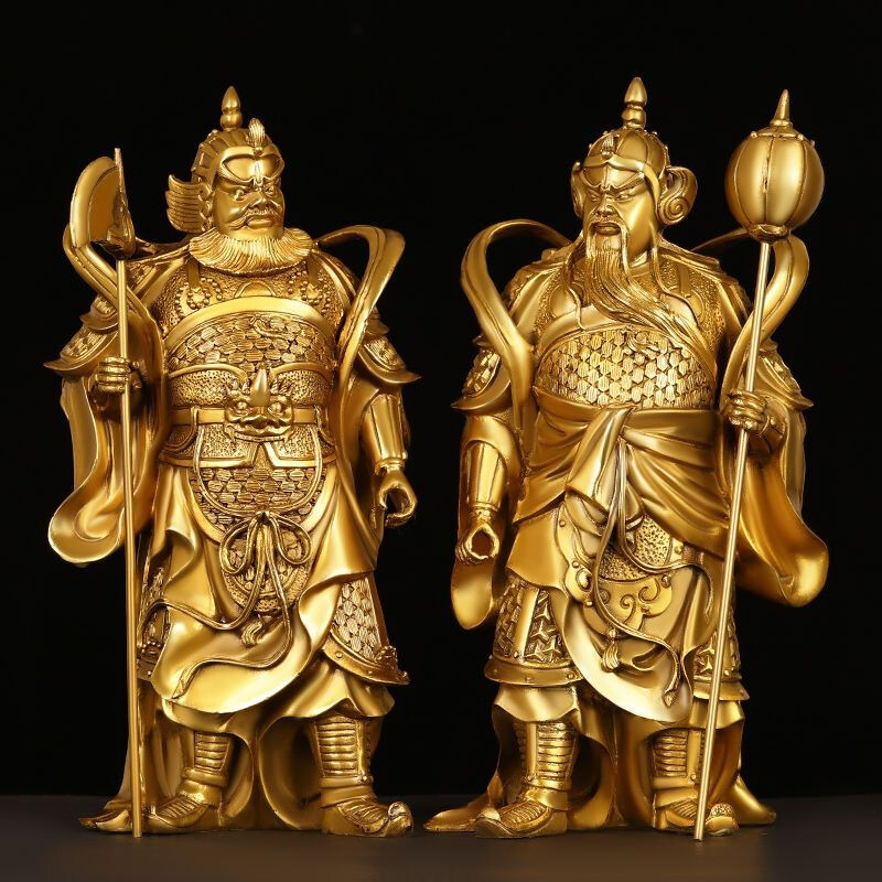 济凯黄铜门神摆件哼哈二将秦琼尉迟恭一对家用铜像工艺店铺装饰 - 实物图