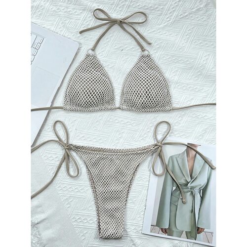 纯色绑带网格泳衣女 Solid color strap mesh swimsuit for women