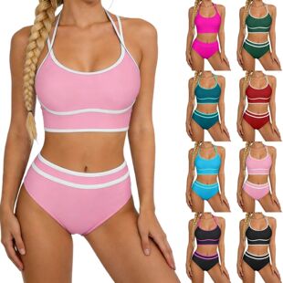 高腰条纹拼色露腰分体泳衣女 High waisted and exposed swimsuit