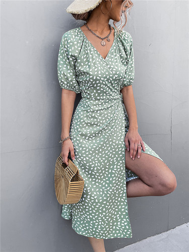 Printed V-Neck Slim Fit Slit Dress印花V领修身开叉女士连衣裙