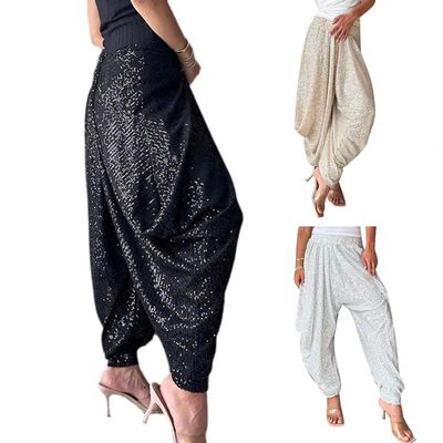高腰亮片灯笼裤女High waisted sequined leg tied lantern pants