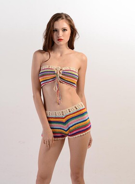 Strapless color blocked split bikini女系带抹胸拼色分体比基尼
