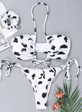 Strapless neck hanging triangle bikini拼色抹胸挂脖三角比基尼