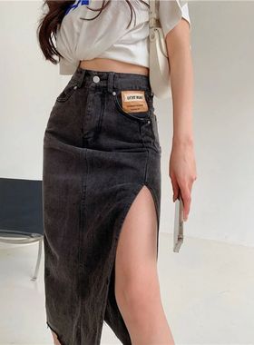 SolidColor high waisted button split skirt高腰纽扣开叉半身裙