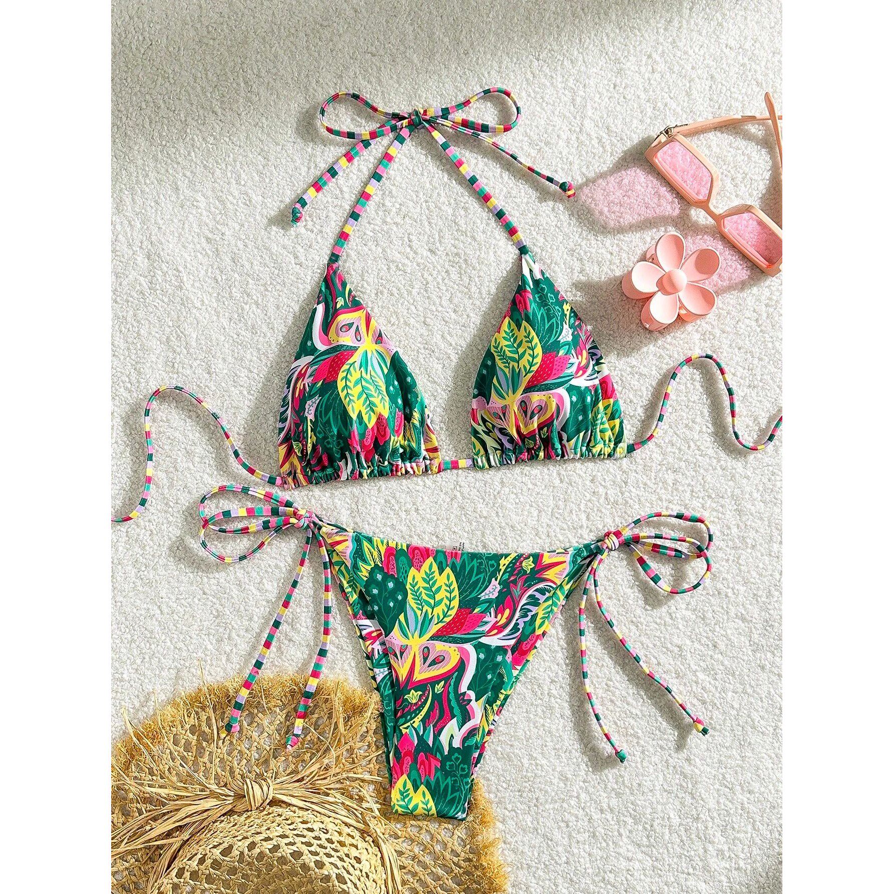 Split printed lace up low waist swimsuit分体印花系带低腰泳衣