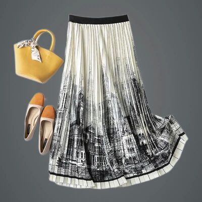 Printed high waisted pleated long skirt 印花高腰百褶半身长裙