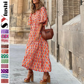 neck long printed bubble sleeve skirtV领印花泡泡袖 连衣长裙