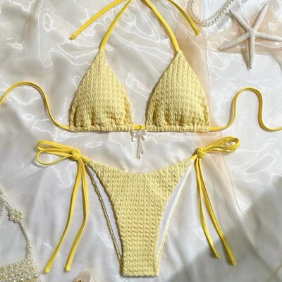 Bareback Strap Solid Color Low Waist Bikini露背绑带低腰泳衣