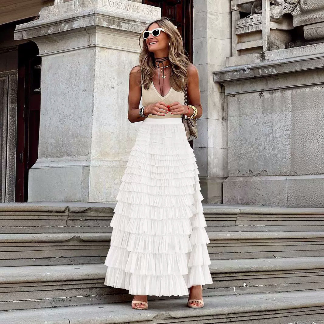 Solid color mesh pleated women's skirt纯色网纱褶皱女士半身裙