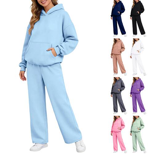 纯色连帽长袖两件套Solid color hooded pocket long sleeved set