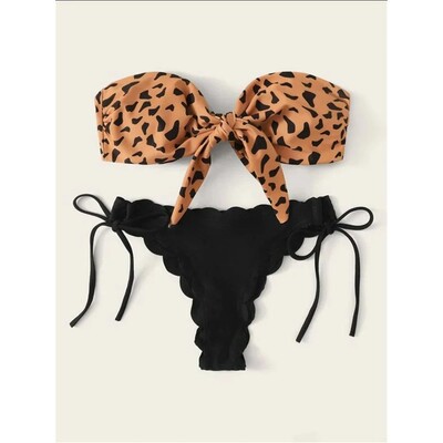 Leopard lace tied strapless bikini豹纹花边系绳抹胸比基尼套装